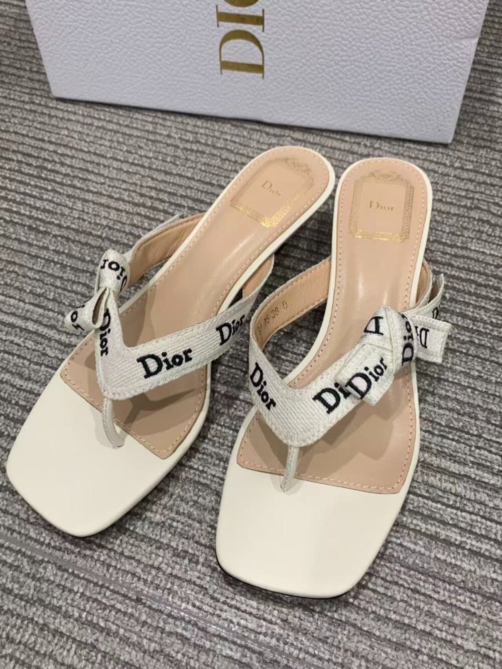 Dior White Logo Ribbon Bow Square Toe Thong Slide Heel Mules
